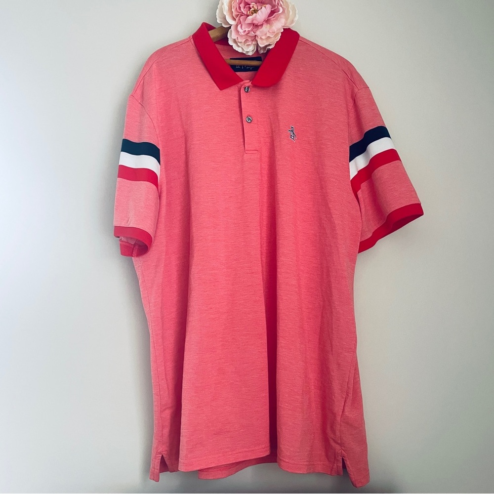 Original Penguin Light Red Polo Shirt Navy Blue White Striped Sleeves XXL